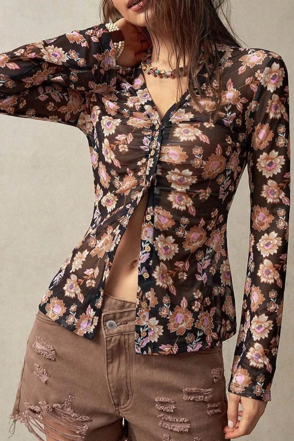 Floral Button-Up Shirt with Bell Sleeves - EBYNN