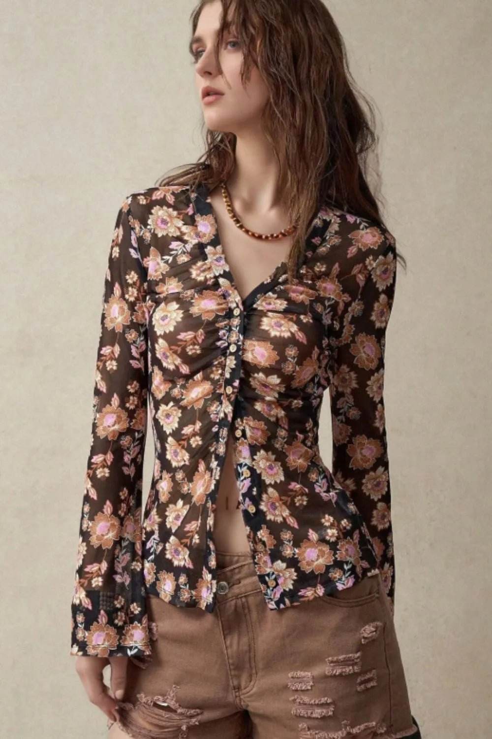 Floral Button-Up Shirt with Bell Sleeves - EBYNN
