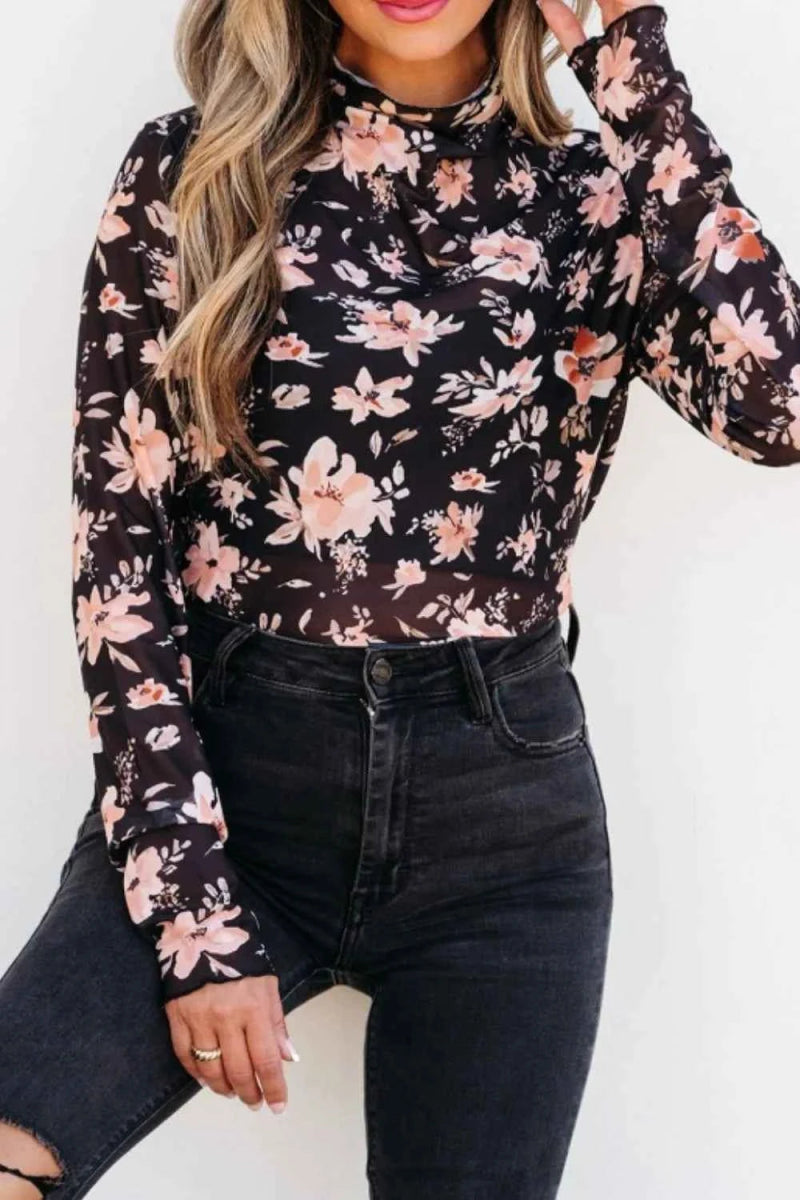 Floral Mock Neck Long Sleeve Blouse.