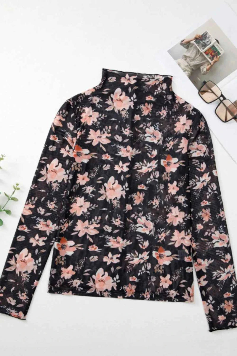 Floral Mock Neck Long Sleeve Blouse.