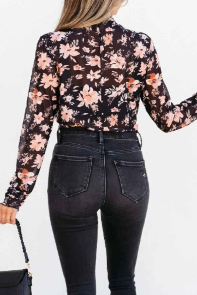 Floral Mock Neck Long Sleeve Blouse.