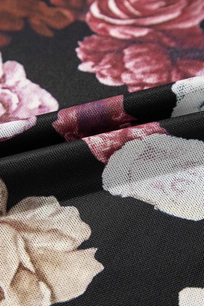 Floral Mock Neck Long Sleeve Mesh Top.