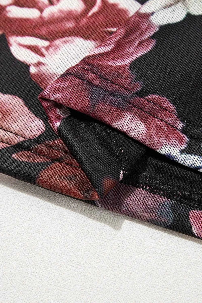 Floral Mock Neck Long Sleeve Mesh Top.