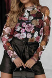 Floral Mock Neck Long Sleeve Mesh Top.