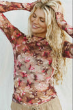 Floral Mock Neck Long Sleeve Sheer Top.