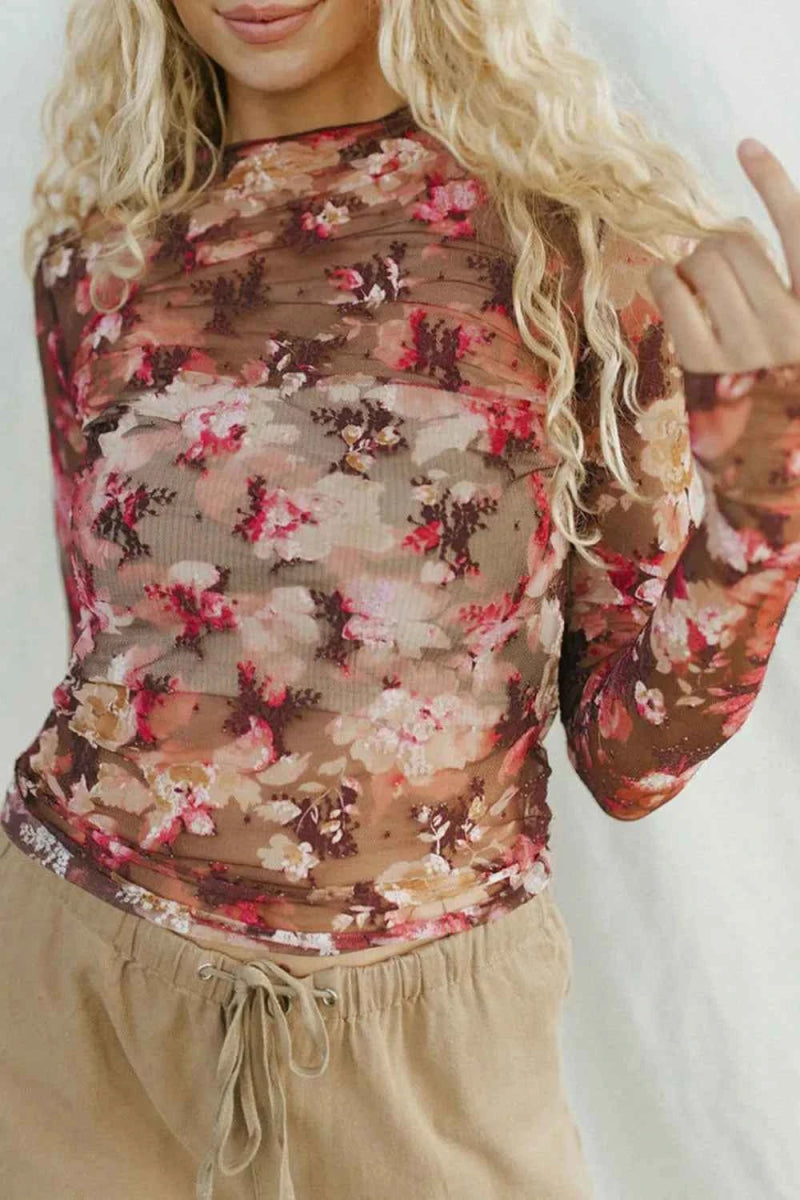 Floral Mock Neck Long Sleeve Sheer Top.