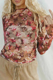 Floral Mock Neck Long Sleeve Sheer Top.