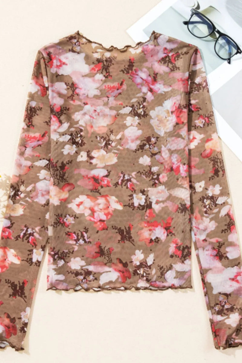 Floral Mock Neck Long Sleeve Sheer Top.