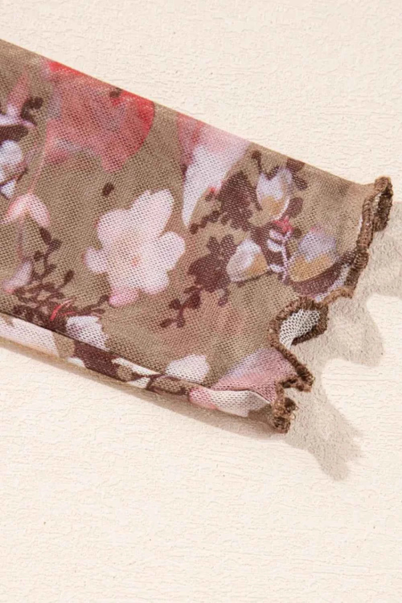 Floral Mock Neck Long Sleeve Sheer Top.