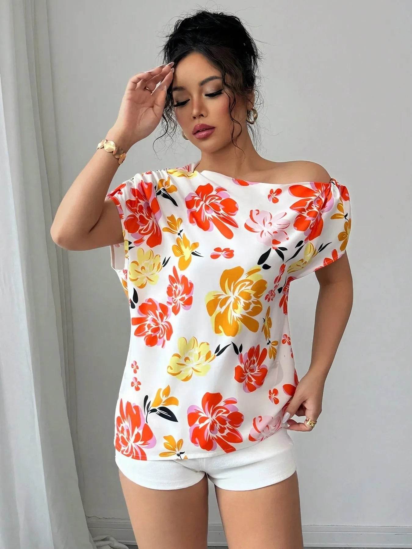 Floral One Shoulder Blouse - Stylish and Trendy Floral Print Top - EBYNN
