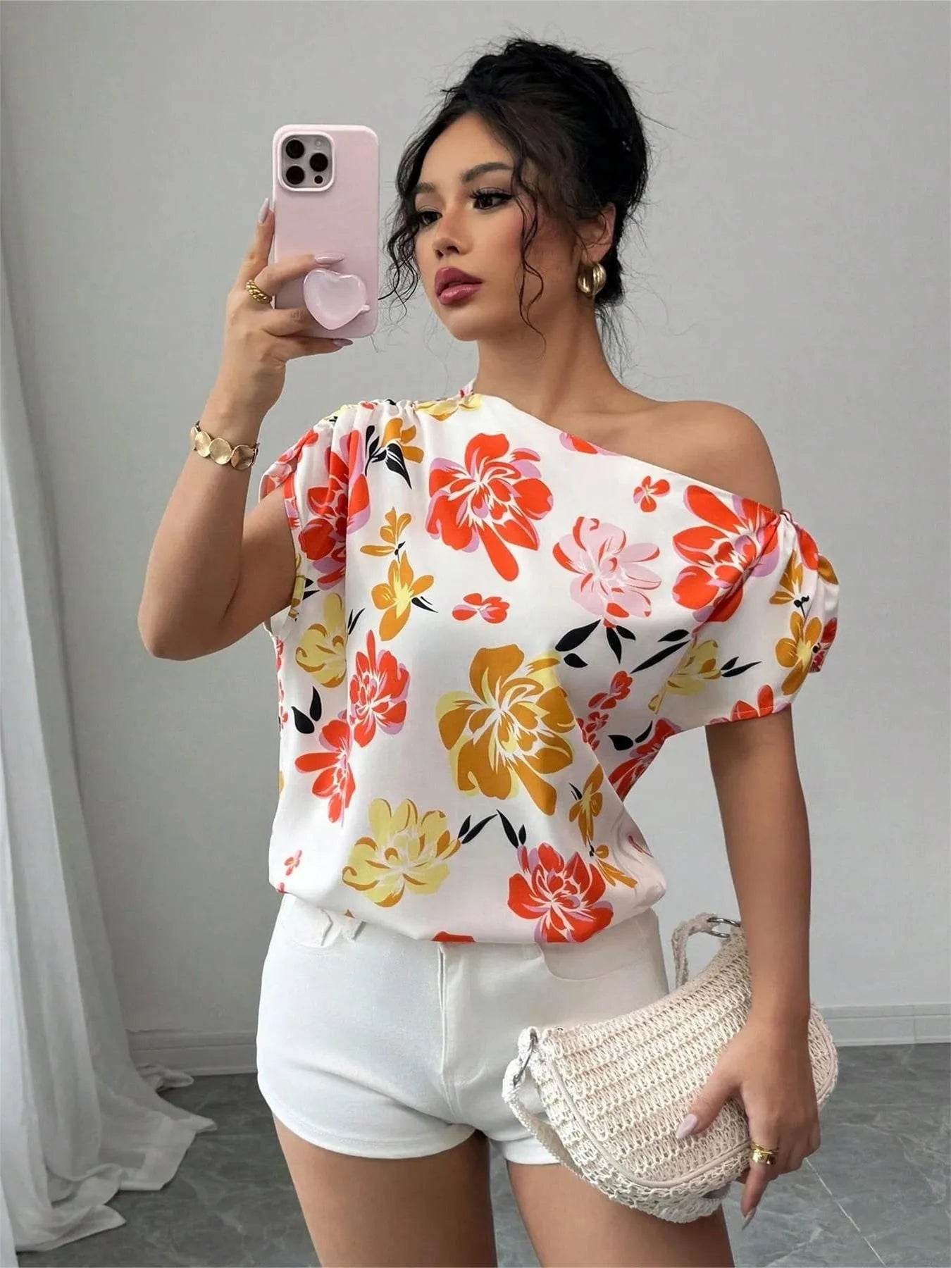 Floral One Shoulder Blouse - Stylish and Trendy Floral Print Top - EBYNN