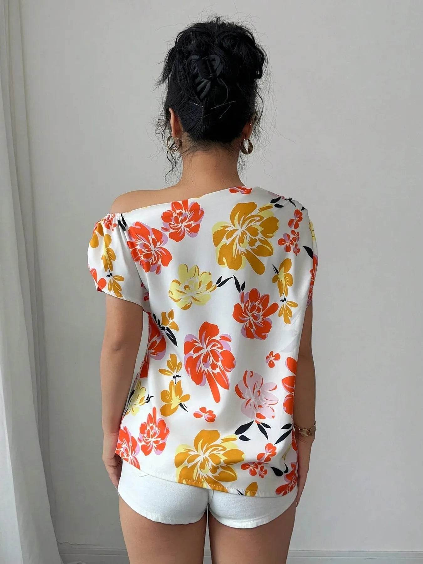 Floral One Shoulder Blouse - Stylish and Trendy Floral Print Top - EBYNN