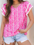 Floral Print Blouse with Tiered Ruffled V Neck Design - EBYNN