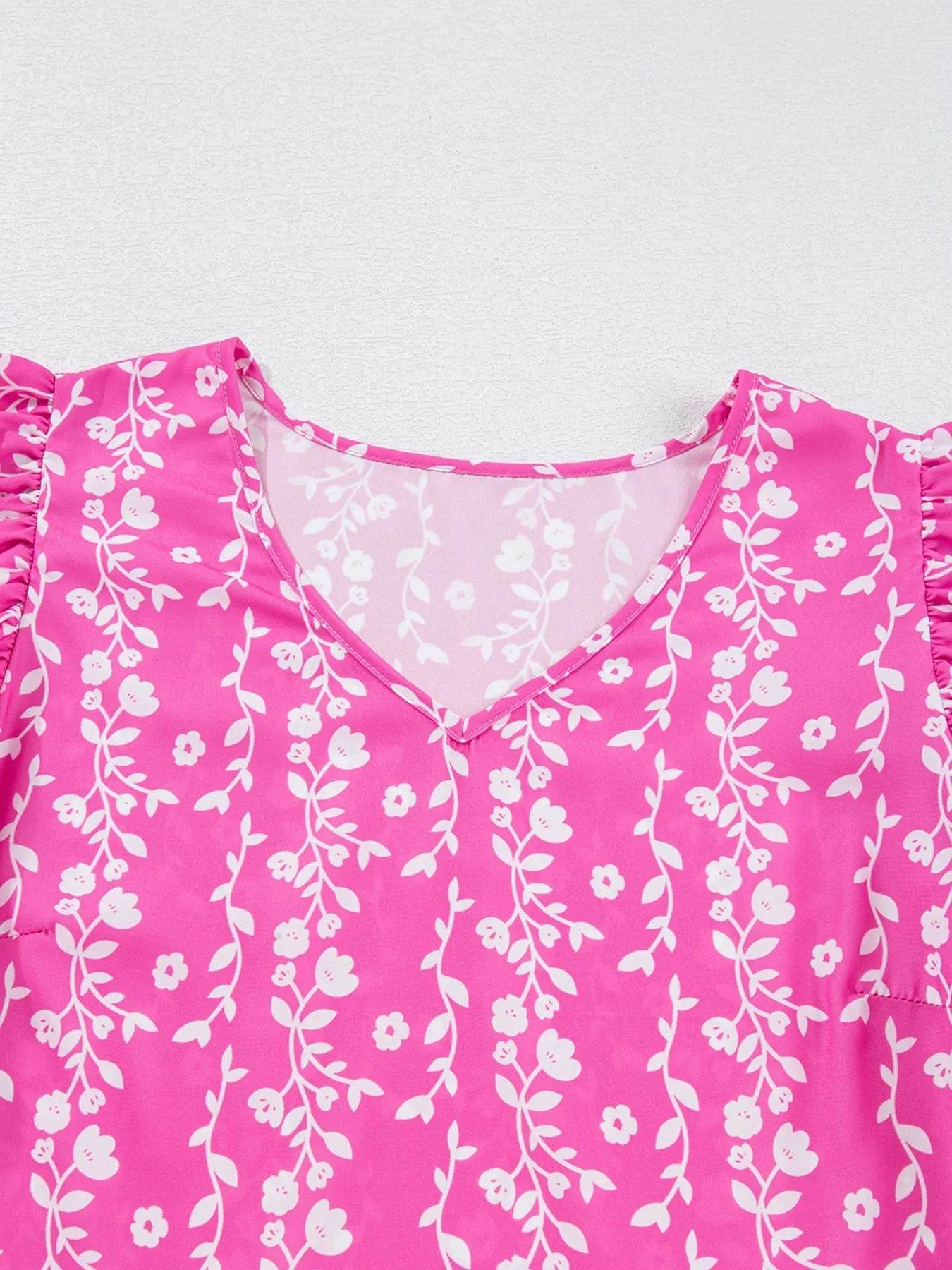 Floral Print Blouse with Tiered Ruffled V Neck Design - EBYNN