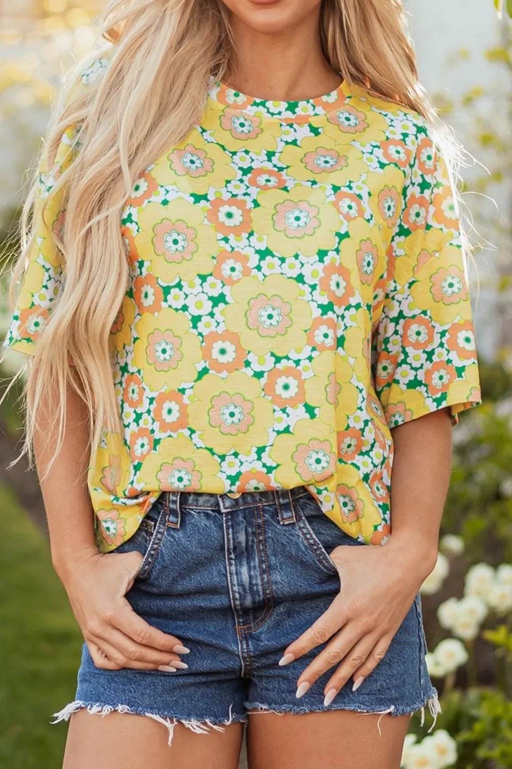 Floral Oversized T-Shirt in Round Neck Design - EBYNN