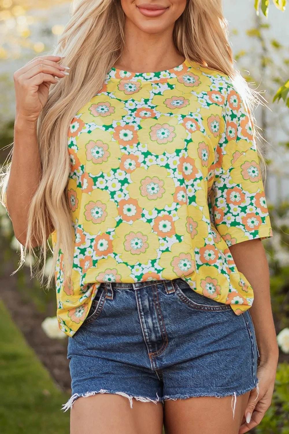 Floral Oversized T-Shirt in Round Neck Design - EBYNN