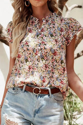 Floral Ruffle Cap Sleeve Blouse for Effortless Style - EBYNN