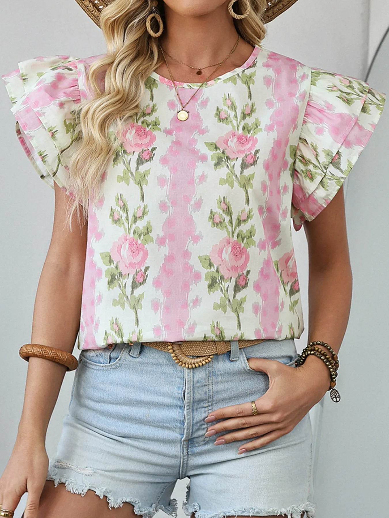 Floral Print Blouse with Ruffled Sleeves for Effortless Style - EBYNN
