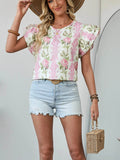 Floral Print Blouse with Ruffled Sleeves for Effortless Style - EBYNN