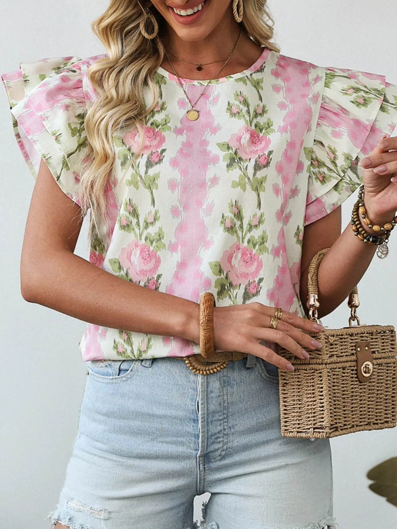 Floral Print Blouse with Ruffled Sleeves for Effortless Style - EBYNN