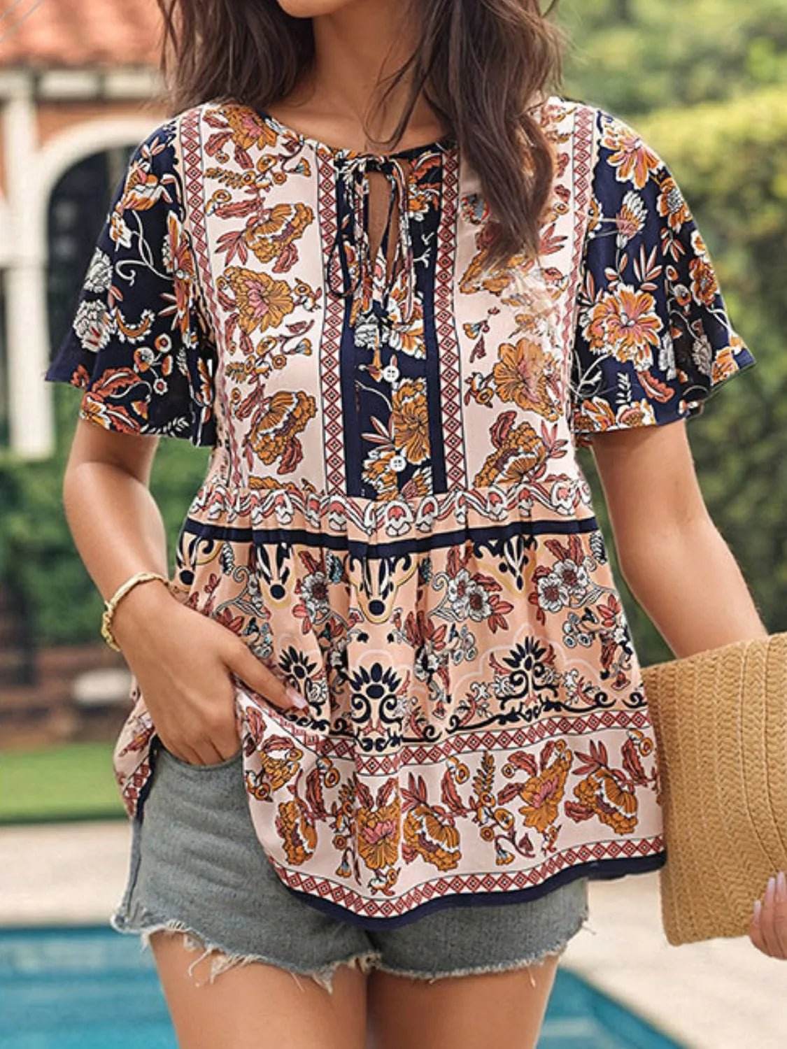Floral Print Blouse with Tie Neck and Flutter Sleeves - EBYNN
