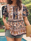 Floral Print Blouse with Tie Neck and Flutter Sleeves - EBYNN