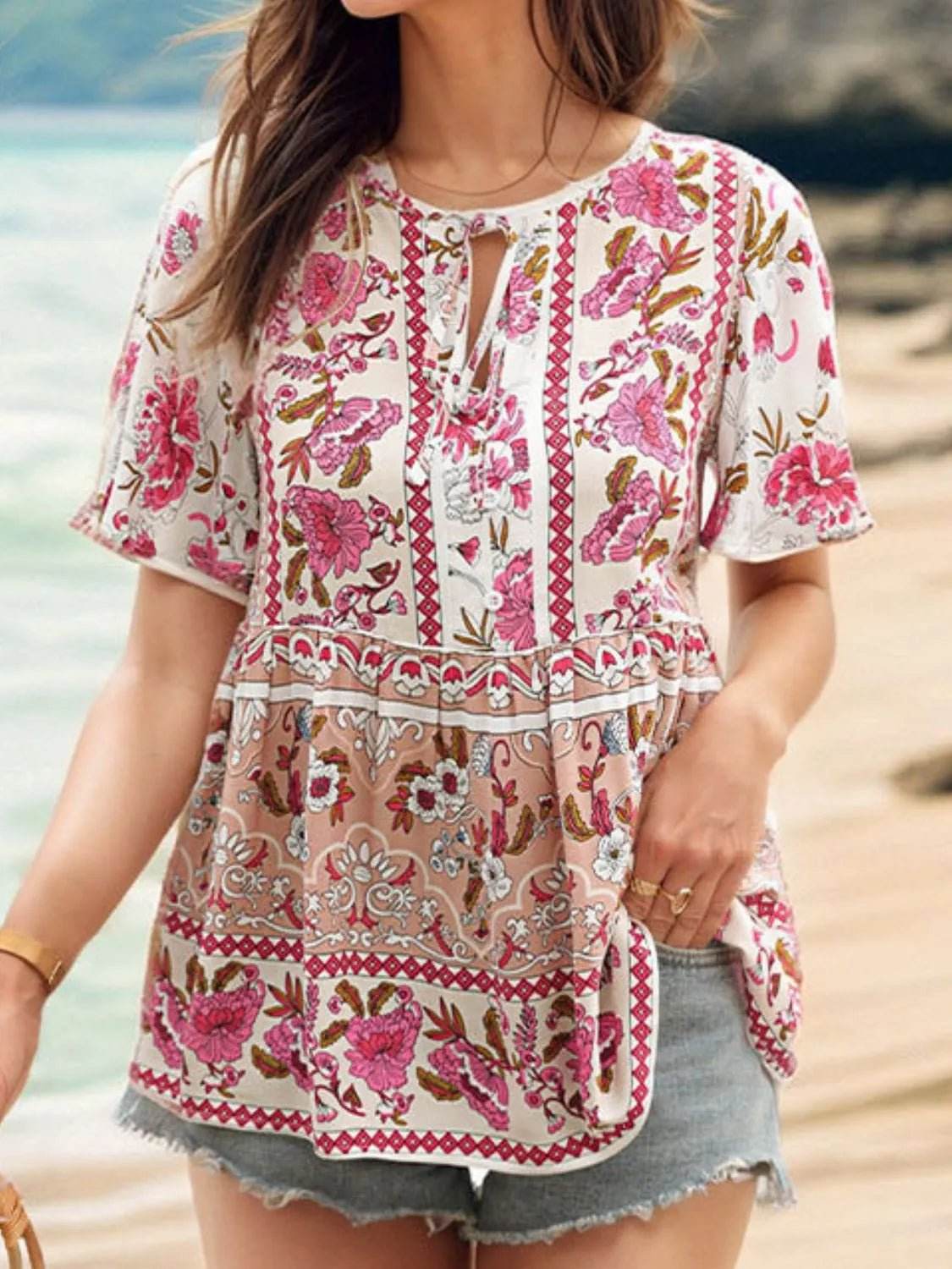 Floral Print Blouse with Tie Neck and Flutter Sleeves - EBYNN