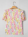 Floral Puff Sleeve Blouse - Stylish Crewneck Top for Effortless Elegance - EBYNN