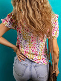 Floral Puff Sleeve Blouse - Stylish Crewneck Top for Effortless Elegance - EBYNN