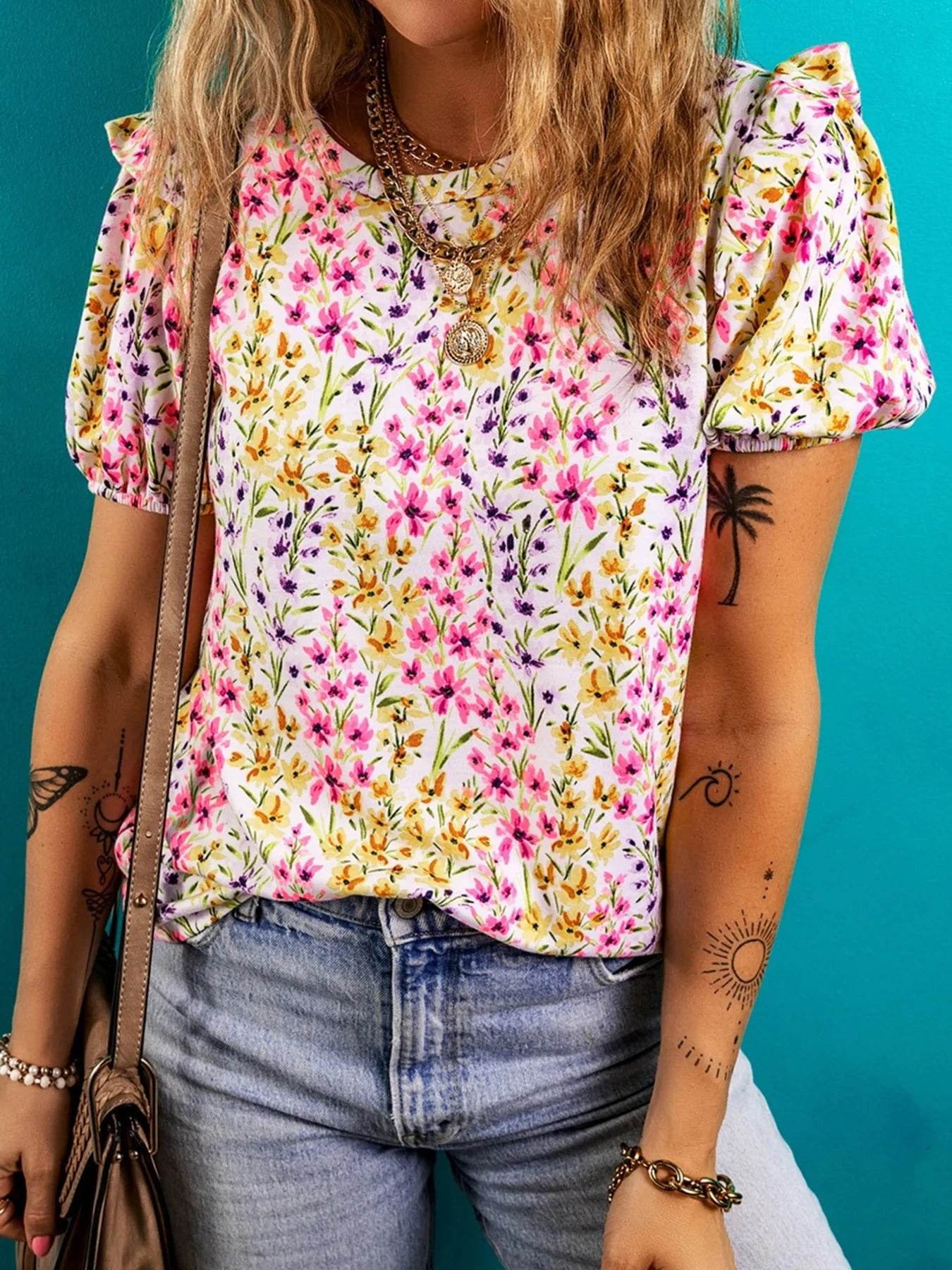 Floral Puff Sleeve Blouse - Stylish Crewneck Top for Effortless Elegance - EBYNN