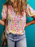 Floral Puff Sleeve Blouse - Stylish Crewneck Top for Effortless Elegance - EBYNN
