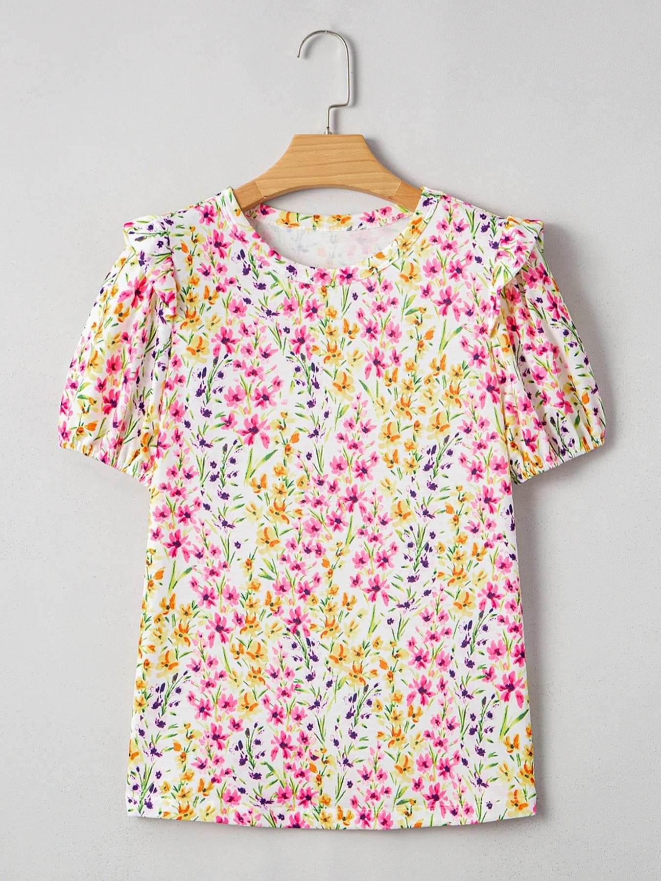 Floral Puff Sleeve Blouse - Stylish Crewneck Top for Effortless Elegance - EBYNN