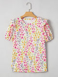 Floral Puff Sleeve Blouse - Stylish Crewneck Top for Effortless Elegance - EBYNN