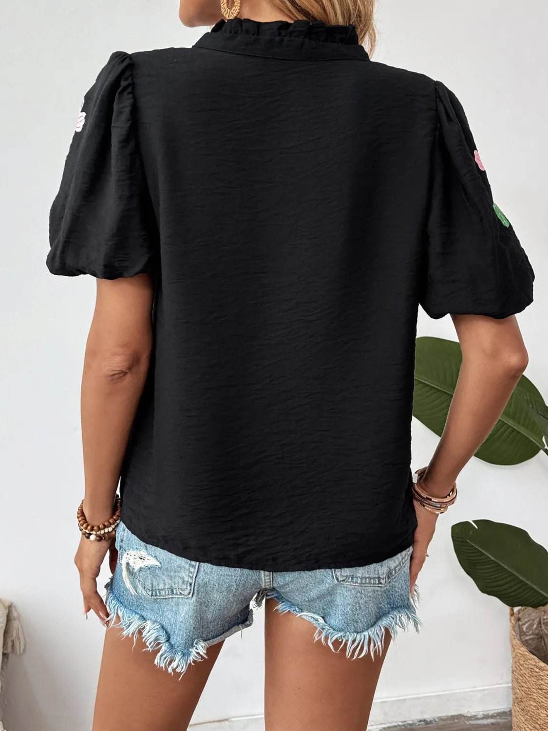 Floral Puff Sleeve Blouse with Notched Design for a Chic Look - EBYNN