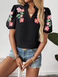 Floral Puff Sleeve Blouse with Notched Design for a Chic Look - EBYNN