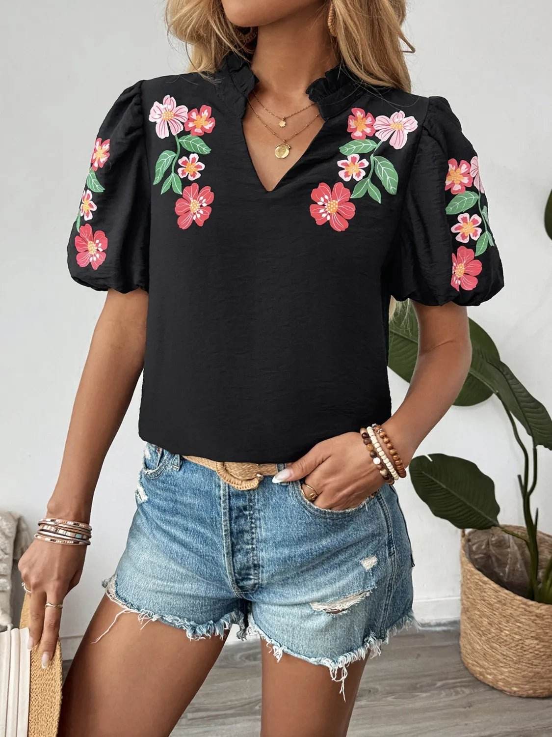Floral Puff Sleeve Blouse with Notched Design for a Chic Look - EBYNN