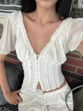 Frill V-Neck Puff Sleeve Blouse.