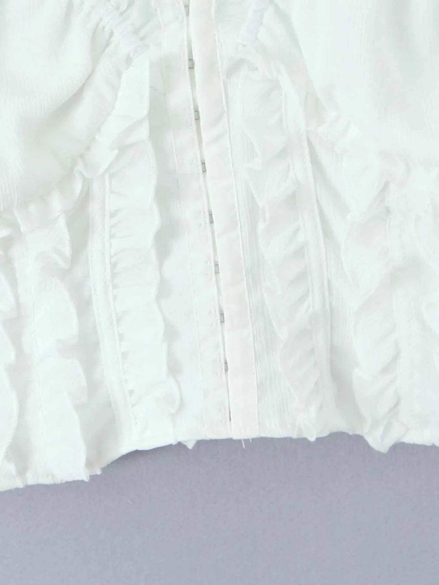 Frill V-Neck Puff Sleeve Blouse.