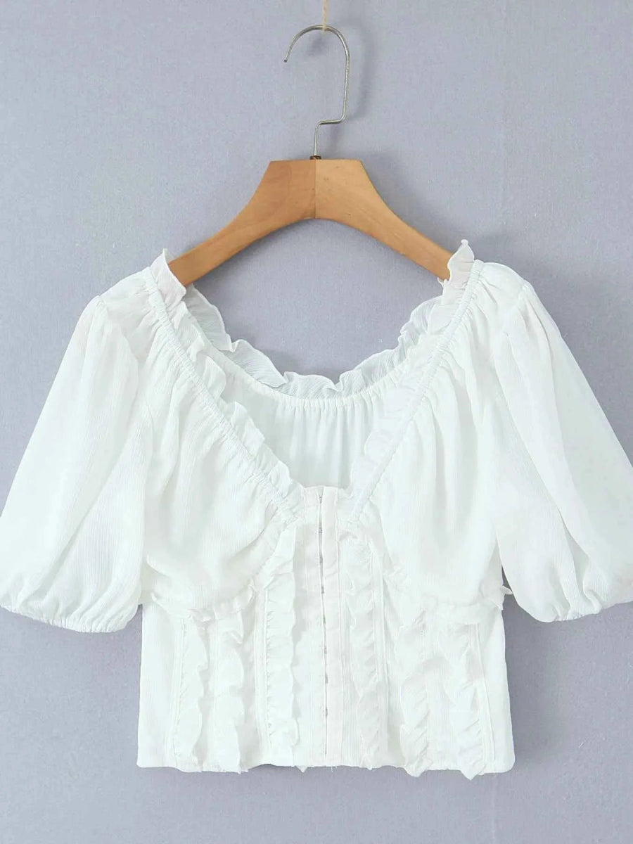 Frill V-Neck Puff Sleeve Blouse.