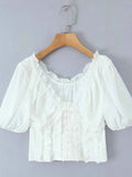 Frill V-Neck Puff Sleeve Blouse.