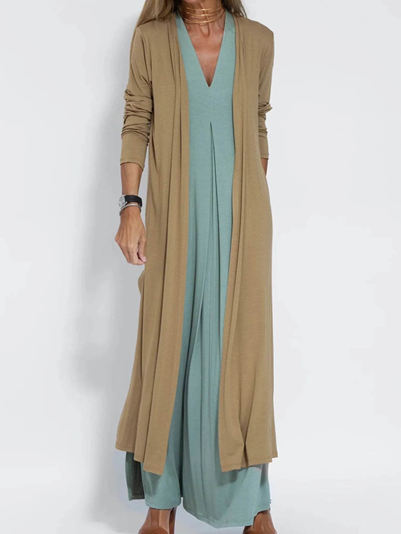 Plus Size Longline Cardigan with Open Front and Side Slit - EBYNN