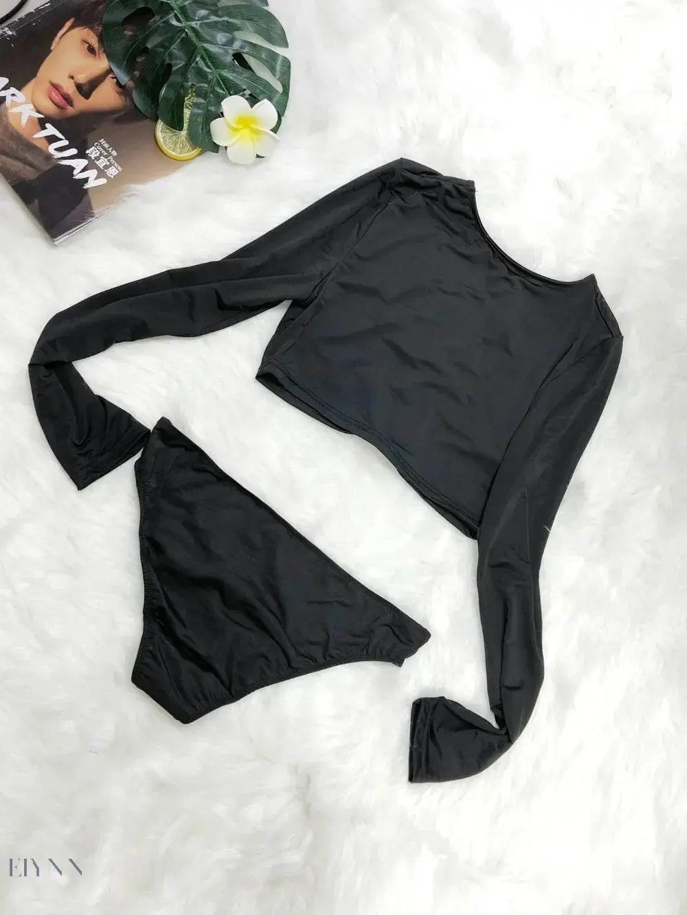 Long Sleeve Bikini Set - Sleek Black Two-Piece - EBYNN