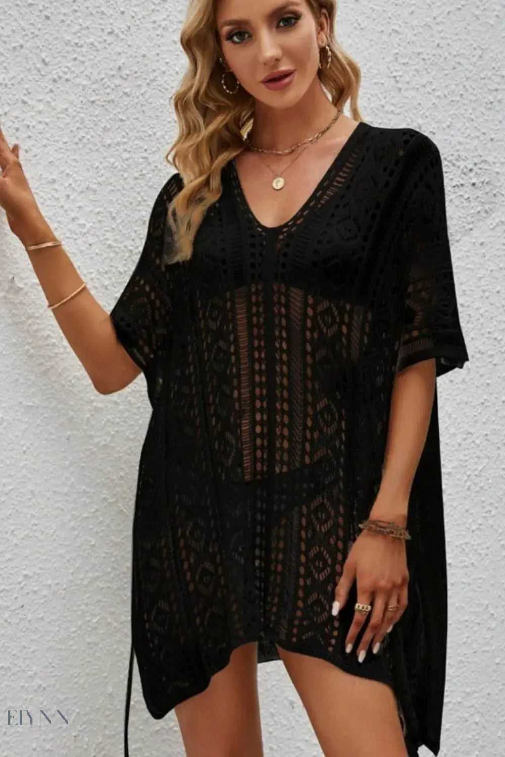 Black Plus Size Beach Cover Up Tunic Dress - EBYNN
