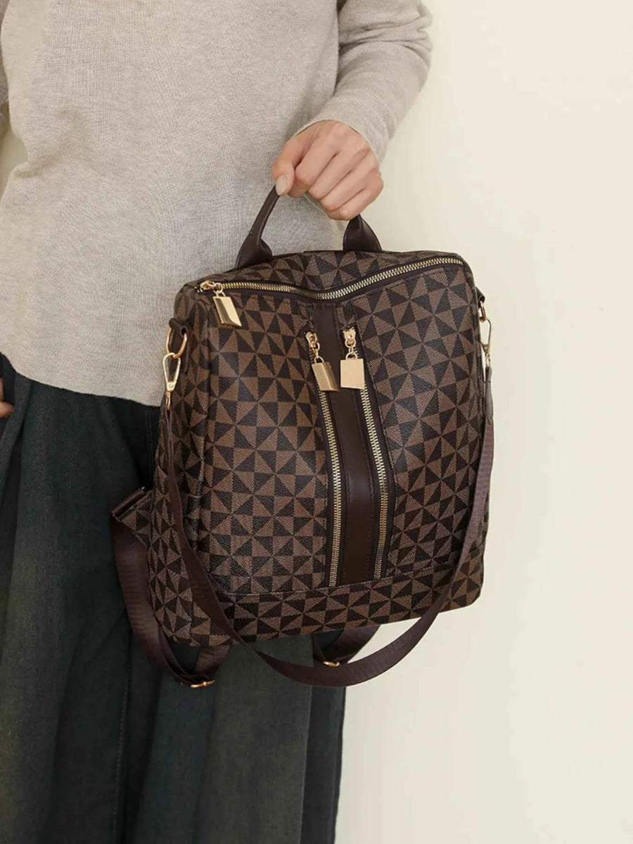 Geometric Pattern PU Leather Backpack.