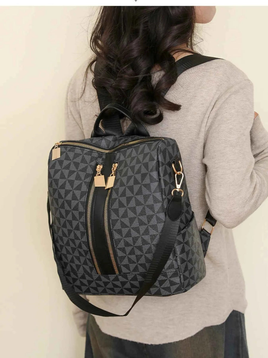 Geometric Pattern PU Leather Backpack.