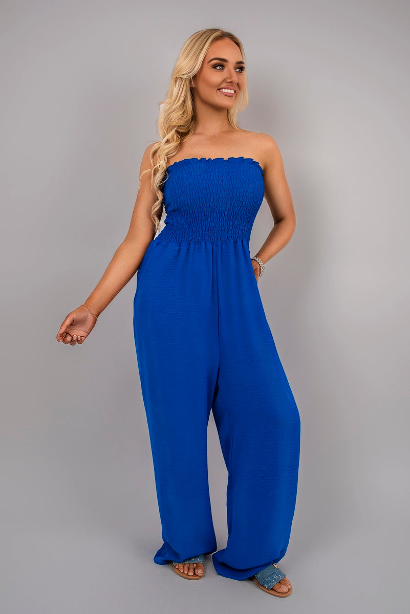 Strapless Shirred Bandeau Wide Leg Jumpsuit.