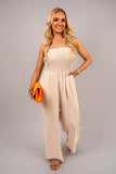 Strapless Shirred Bandeau Wide Leg Jumpsuit.