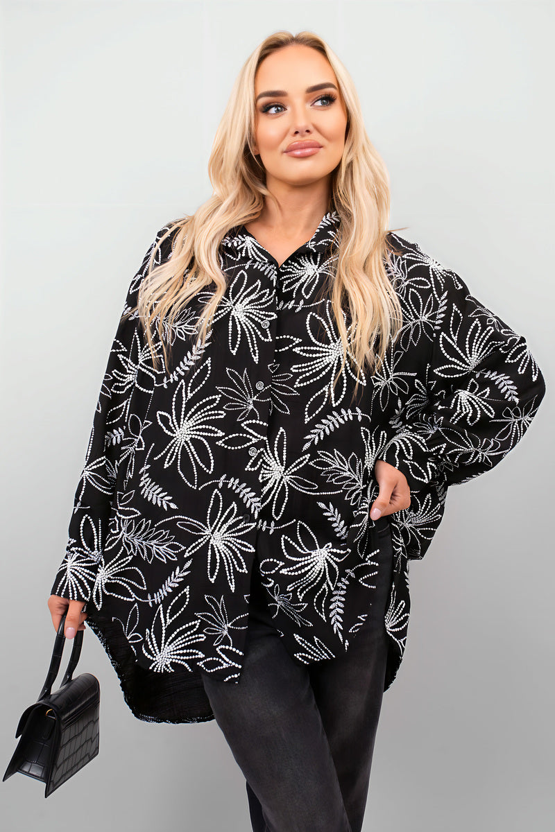 Erin Floral Print Oversized Long Sleeve Button Down Top.