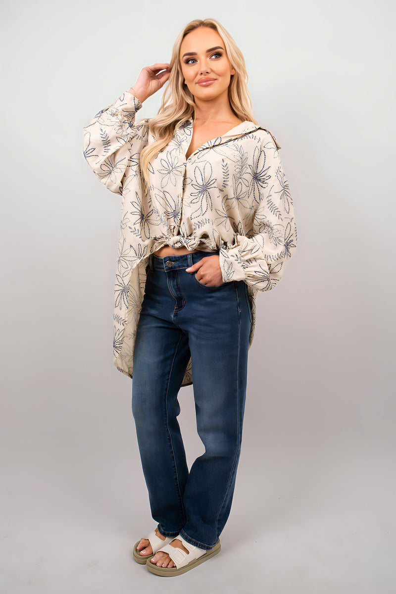 Erin Floral Print Oversized Long Sleeve Button Down Top.