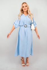 Belted Button Down Roll Tab Sleeve Midi Dress.